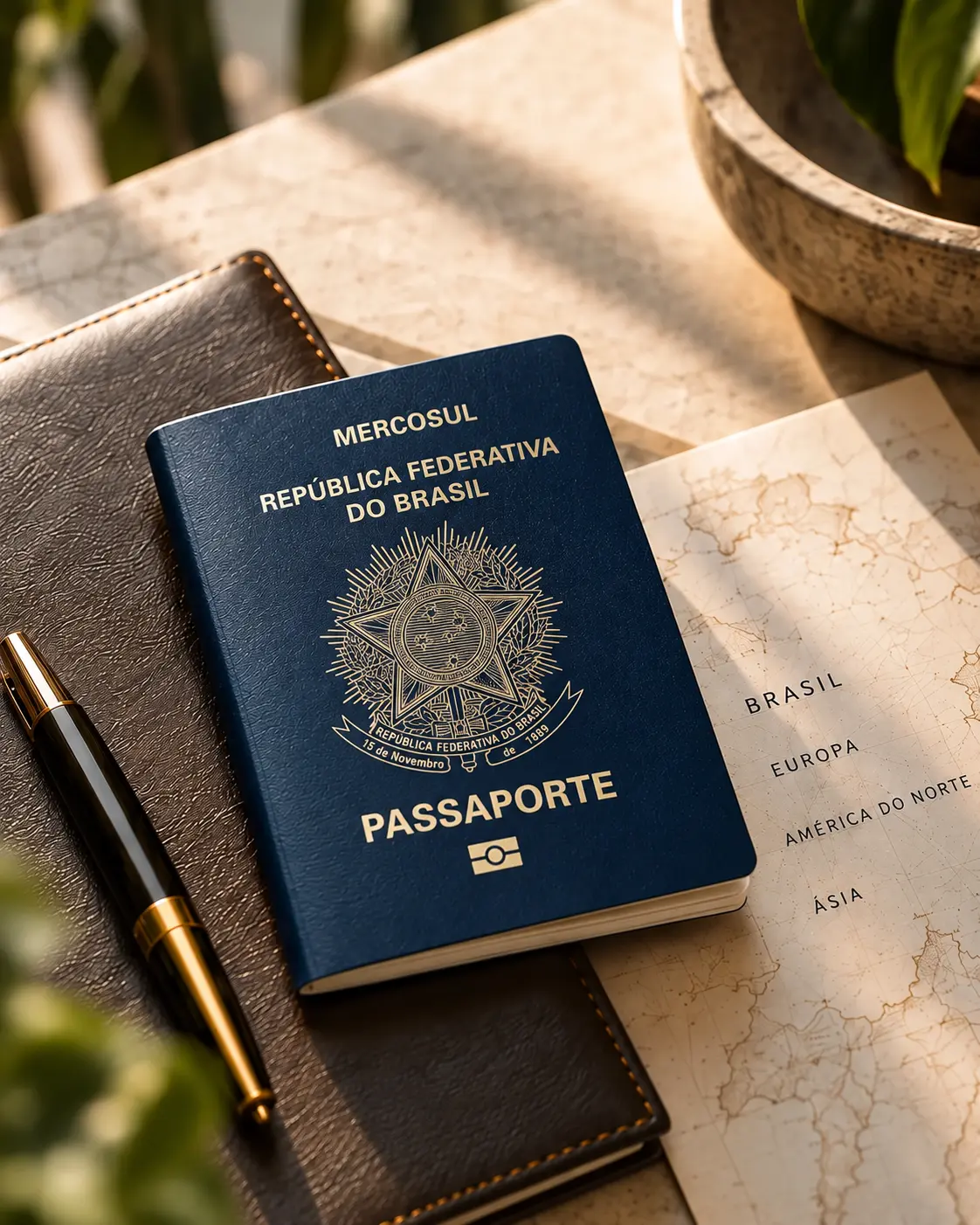 Passaporte brasileiro, mapa e caderno organizados para um planejamento internacional